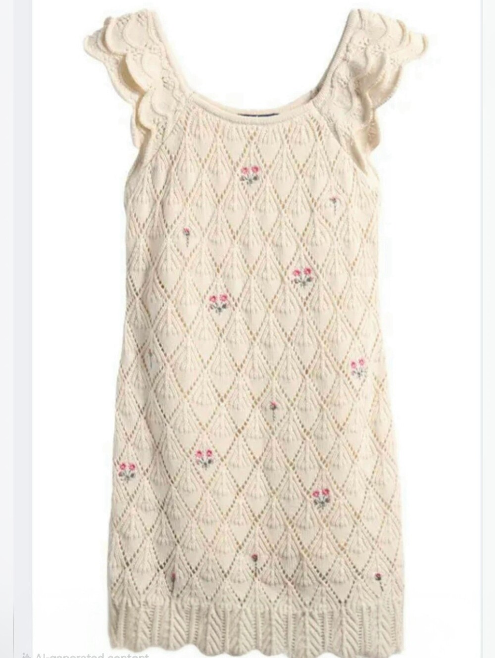 Cream Knit Girls Dress with Pink Floral Accents